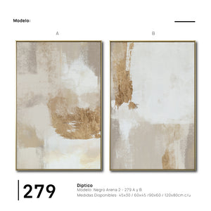 Set Cuadros Decorativos Abstracto Negro Arena 2 - 279 - Diptico Moderno y Elegante Arte Estilo Boho en Blanco, Beige y Dorado Oro