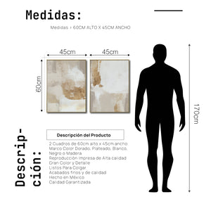 Set Cuadros Decorativos Abstracto Negro Arena 2 - 279 - Diptico Moderno y Elegante Arte Estilo Boho en Blanco, Beige y Dorado Oro