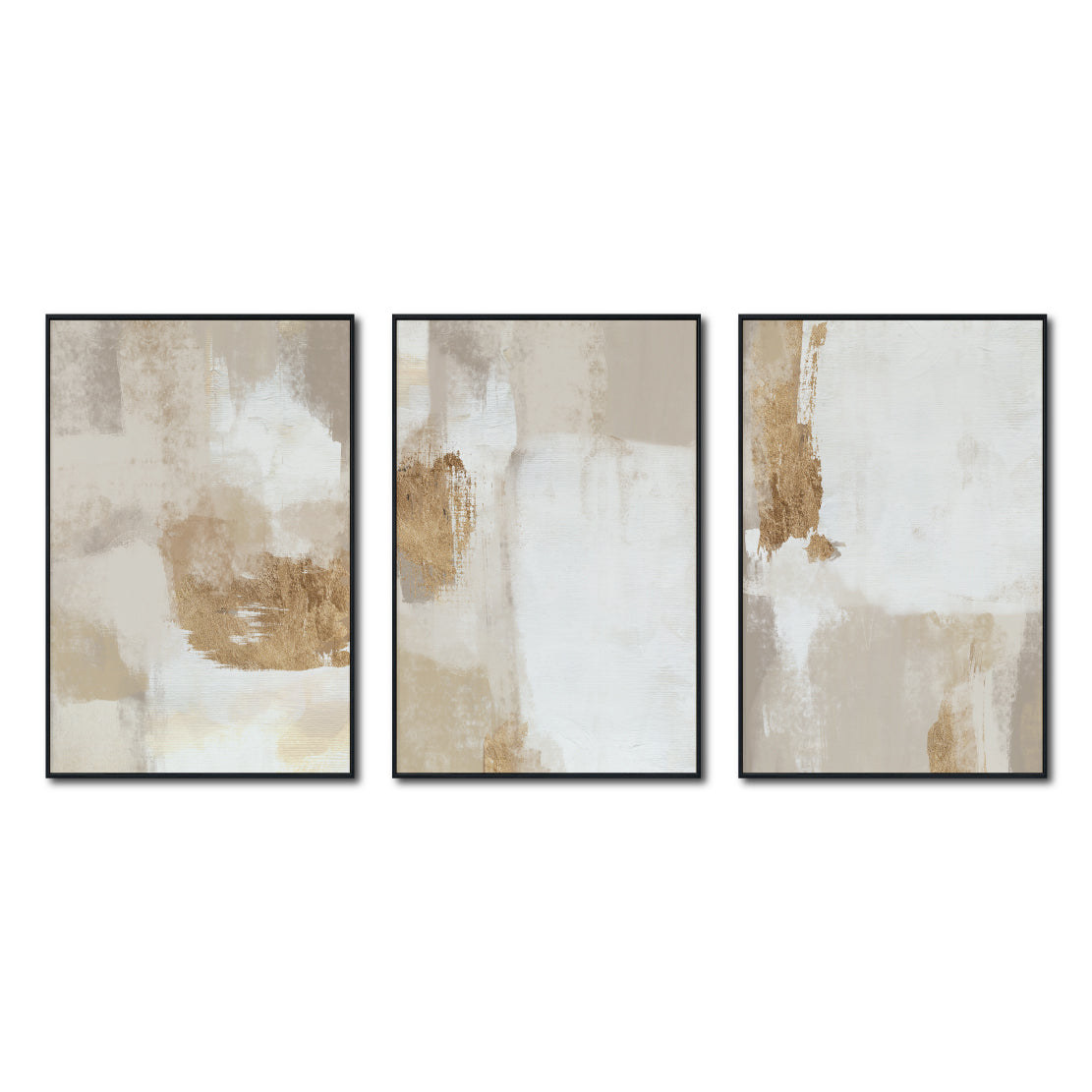Set Cuadros Decorativos Abstracto Negro Arena 2 - 279 - Triptico Moderno y Elegante Arte Estilo Boho en Blanco, Beige y Dorado Oro