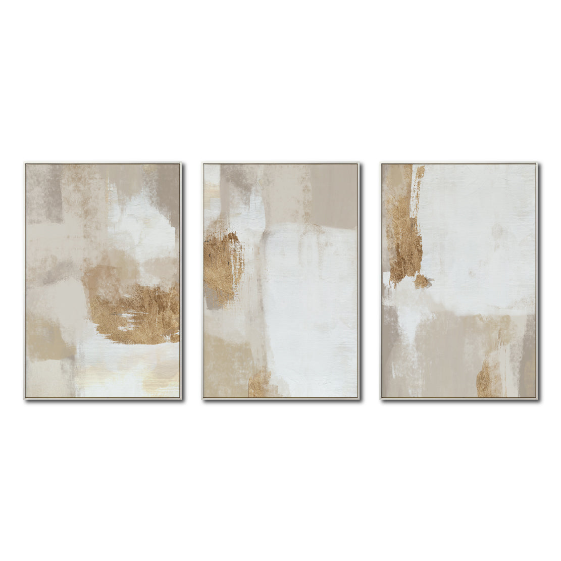 Set Cuadros Decorativos Abstracto Negro Arena 2 - 279 - Triptico Moderno y Elegante Arte Estilo Boho en Blanco, Beige y Dorado Oro