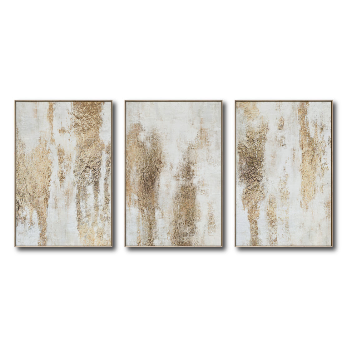 Set Cuadros Decorativos Abstracto Negro Arena 2 - 281 - Triptico Moderno y Elegante Arte Estilo Boho en Blanco, Beige y Dorado Oro