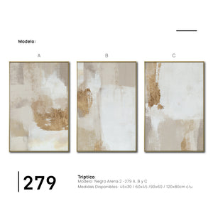 Set Cuadros Decorativos Abstracto Negro Arena 2 - 279 - Triptico Moderno y Elegante Arte Estilo Boho en Blanco, Beige y Dorado Oro