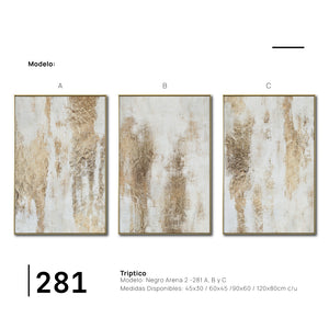Set Cuadros Decorativos Abstracto Negro Arena 2 - 281 - Triptico Moderno y Elegante Arte Estilo Boho en Blanco, Beige y Dorado Oro
