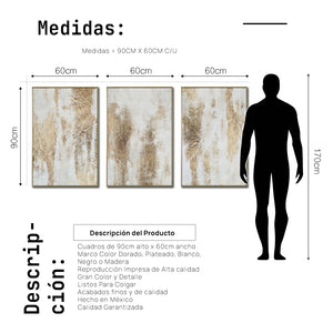 Set Cuadros Decorativos Abstracto Negro Arena 2 - 281 - Triptico Moderno y Elegante Arte Estilo Boho en Blanco, Beige y Dorado Oro