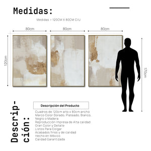 Set Cuadros Decorativos Abstracto Negro Arena 2 - 279 - Triptico Moderno y Elegante Arte Estilo Boho en Blanco, Beige y Dorado Oro