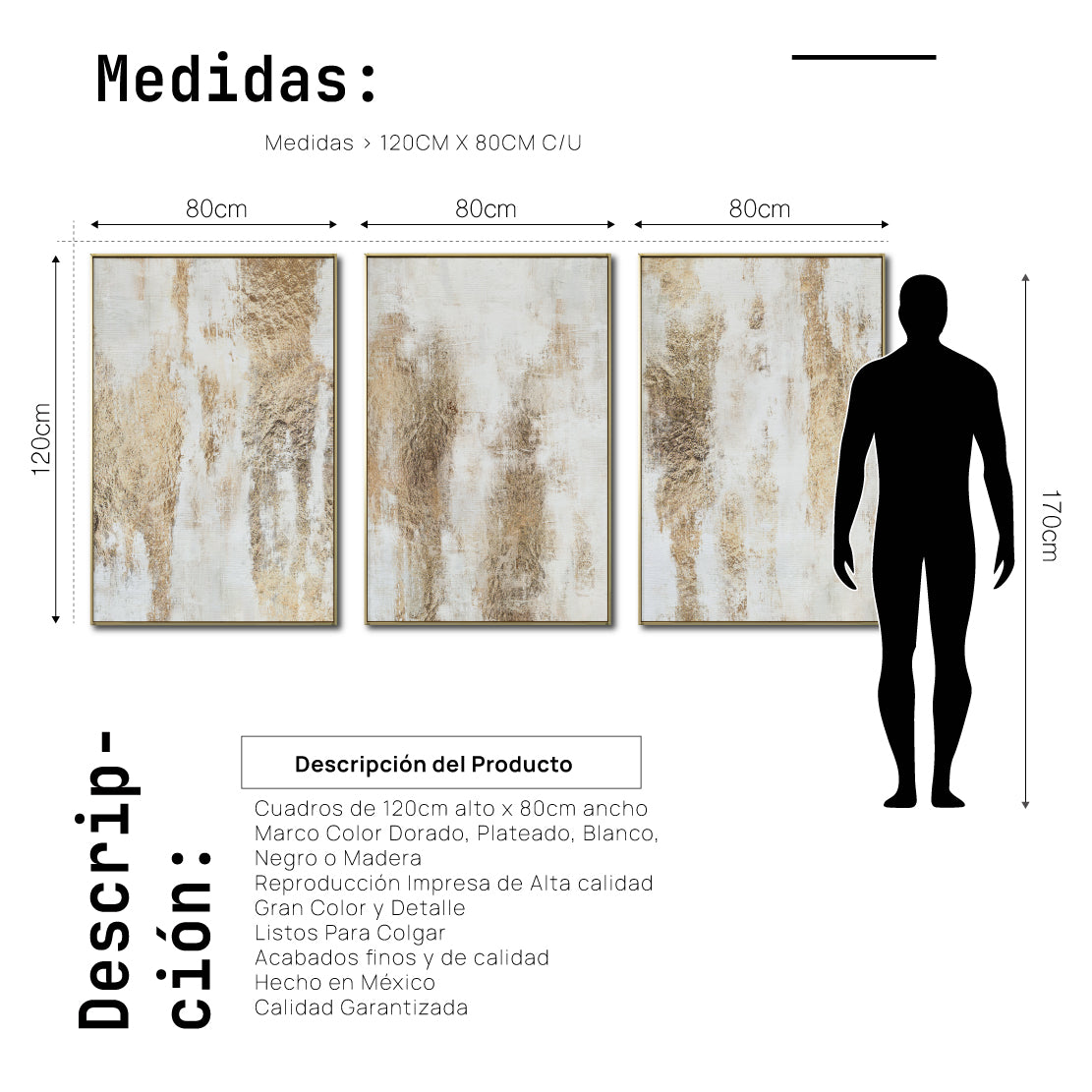 Set Cuadros Decorativos Abstracto Negro Arena 2 - 281 - Triptico Moderno y Elegante Arte Estilo Boho en Blanco, Beige y Dorado Oro