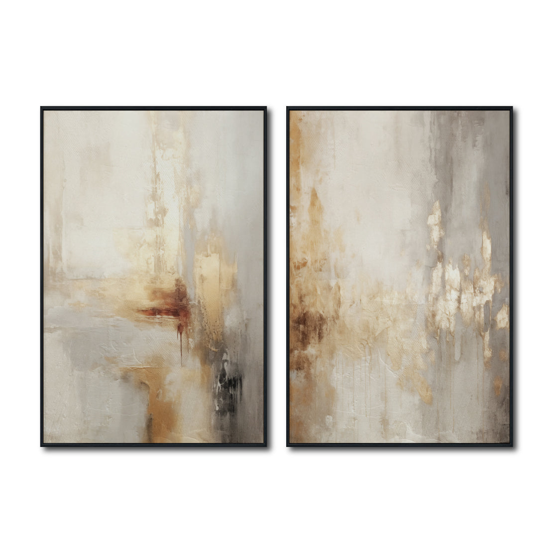 Set Cuadros Decorativos Abstracto Negro Arena 2 - 280 - Diptico Moderno y Elegante Arte Estilo Boho en Beige y Dorado Oro