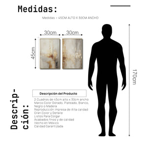 Set Cuadros Decorativos Abstracto Negro Arena 2 - 280 - Diptico Moderno y Elegante Arte Estilo Boho en Beige y Dorado Oro