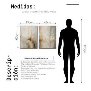 Set Cuadros Decorativos Abstracto Negro Arena 2 - 280 - Diptico Moderno y Elegante Arte Estilo Boho en Beige y Dorado Oro