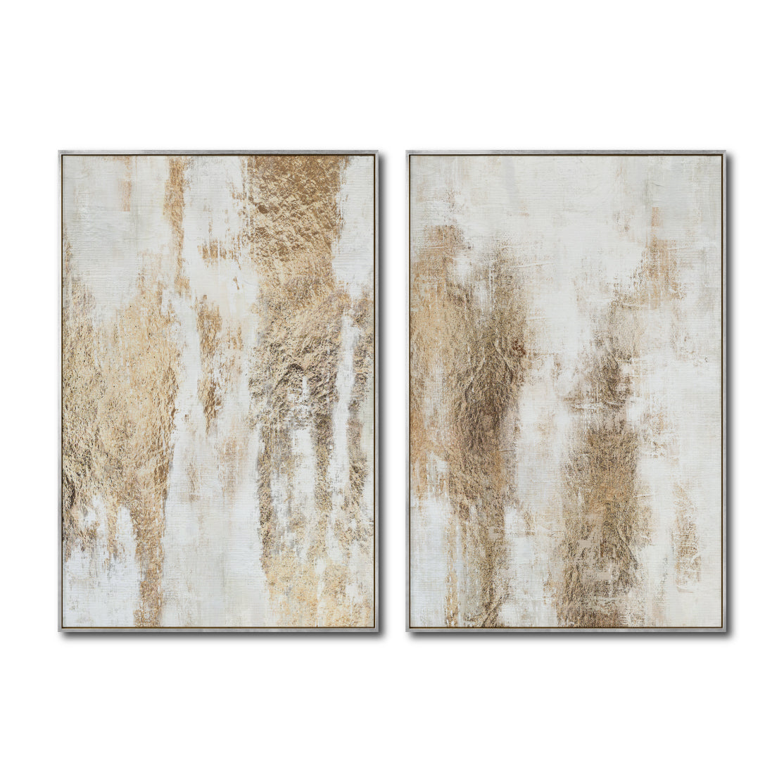 Set Cuadros Decorativos Abstracto Negro Arena 2 - 281 - Diptico Moderno y Elegante Arte Estilo Boho en Blanco, Beige y Dorado Oro