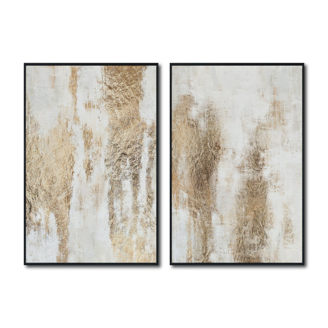 Set Cuadros Decorativos Abstracto Negro Arena 2 - 281 - Diptico Moderno y Elegante Arte Estilo Boho en Blanco, Beige y Dorado Oro