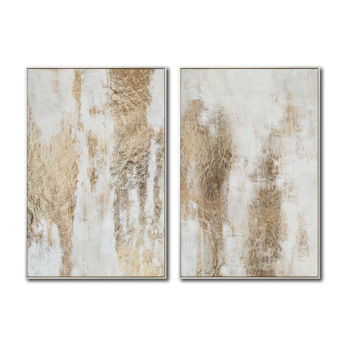 Set Cuadros Decorativos Abstracto Negro Arena 2 - 281 - Diptico Moderno y Elegante Arte Estilo Boho en Blanco, Beige y Dorado Oro
