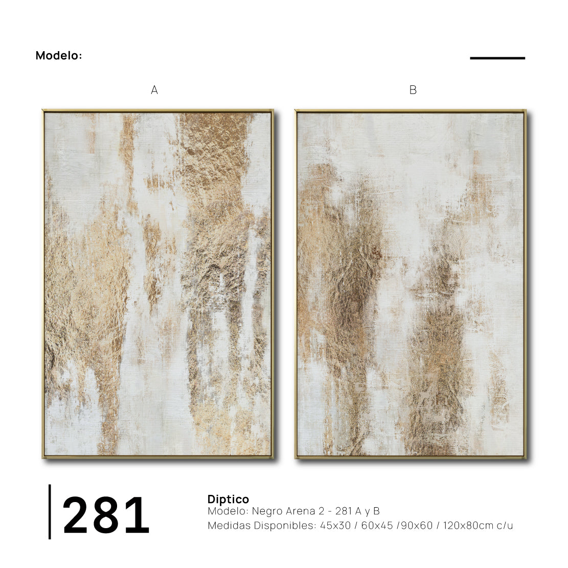 Set Cuadros Decorativos Abstracto Negro Arena 2 - 281 - Diptico Moderno y Elegante Arte Estilo Boho en Blanco, Beige y Dorado Oro