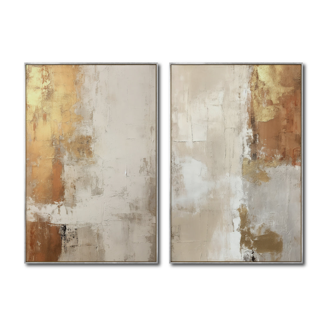 Set Cuadros Decorativos Abstracto Negro Arena 2 - 282 - Diptico Moderno y Elegante Arte Estilo Boho en Beige y Dorado Oro
