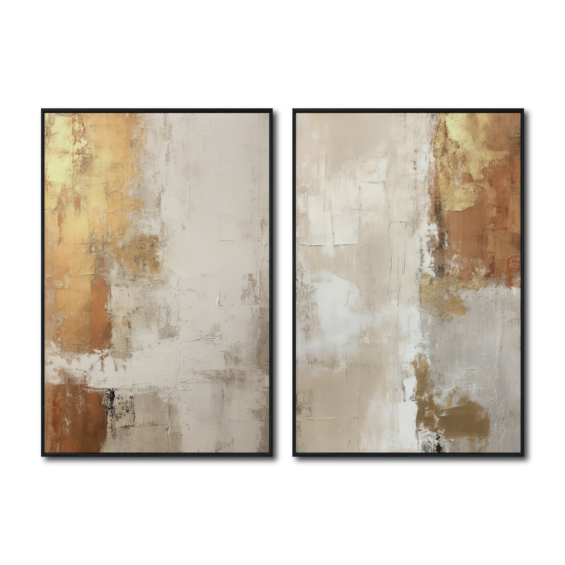 Set Cuadros Decorativos Abstracto Negro Arena 2 - 282 - Diptico Moderno y Elegante Arte Estilo Boho en Beige y Dorado Oro