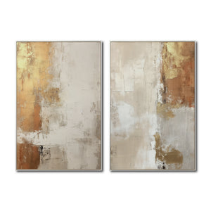 Set Cuadros Decorativos Abstracto Negro Arena 2 - 282 - Diptico Moderno y Elegante Arte Estilo Boho en Beige y Dorado Oro