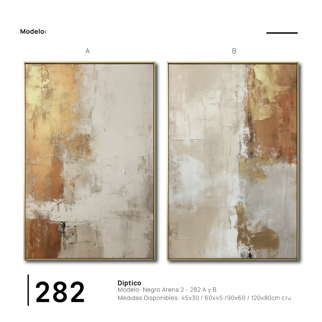 Set Cuadros Decorativos Abstracto Negro Arena 2 - 282 - Diptico Moderno y Elegante Arte Estilo Boho en Beige y Dorado Oro