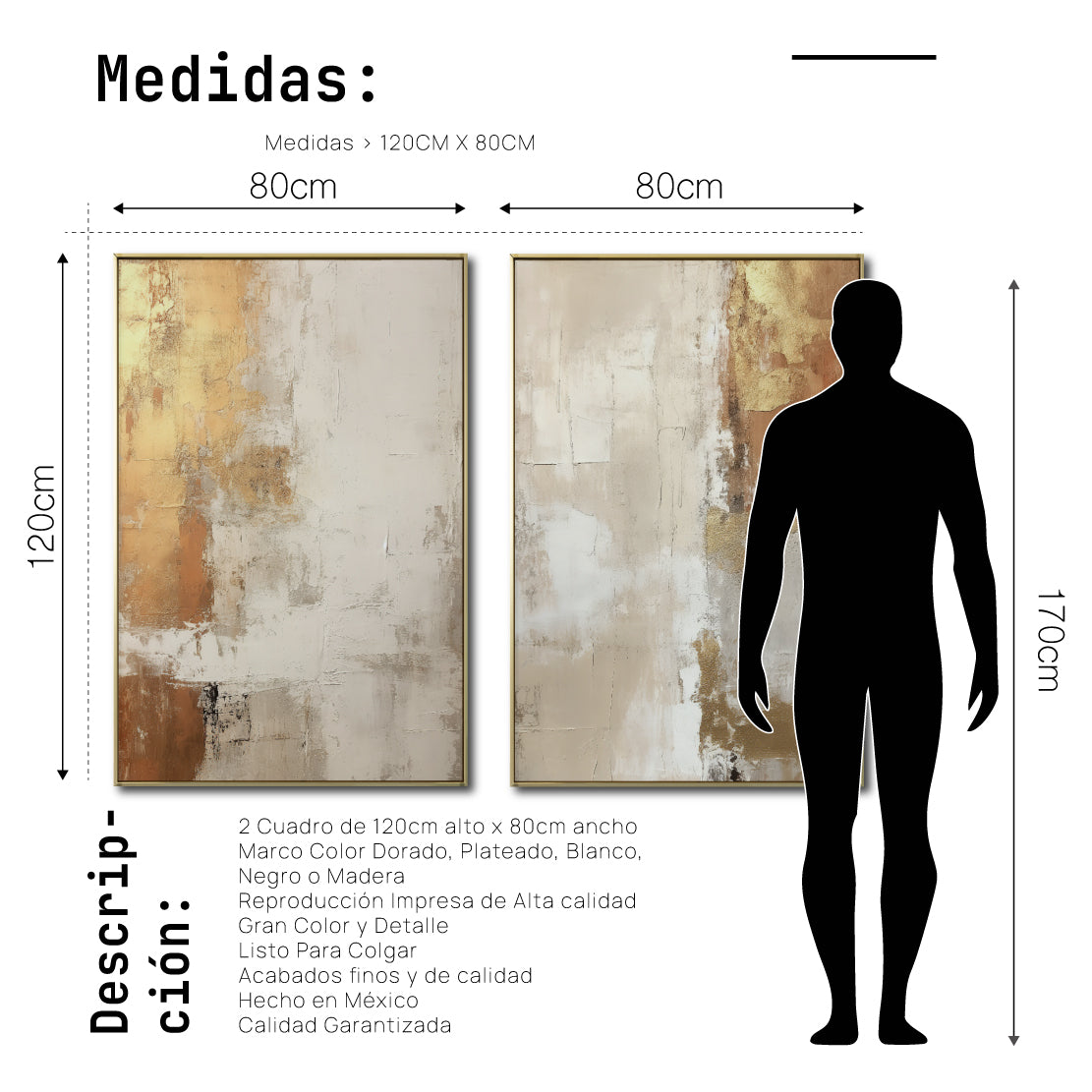Set Cuadros Decorativos Abstracto Negro Arena 2 - 282 - Diptico Moderno y Elegante Arte Estilo Boho en Beige y Dorado Oro