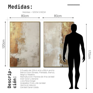 Set Cuadros Decorativos Abstracto Negro Arena 2 - 282 - Diptico Moderno y Elegante Arte Estilo Boho en Beige y Dorado Oro