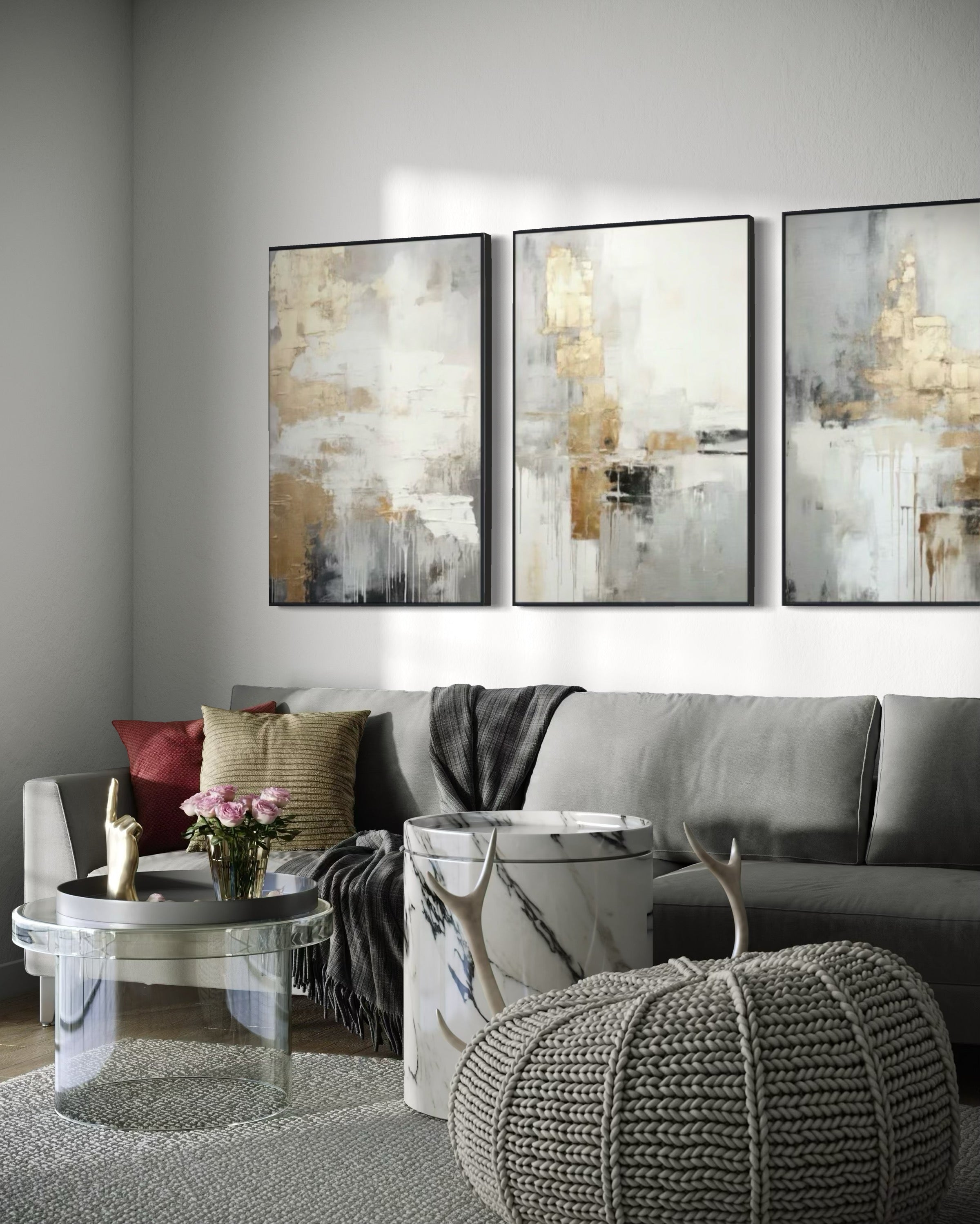 Set Cuadros Decorativos Abstracto Negro Arena 2-271 -Triptico  Moderno y Elegante en Tonos Negro, Gris, Beige y Dorado Oro