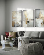 Cargar imagen en el visor de la galería, Set Cuadros Decorativos Abstracto Negro Arena 2-271 -Triptico  Moderno y Elegante en Tonos Negro, Gris, Beige y Dorado Oro
