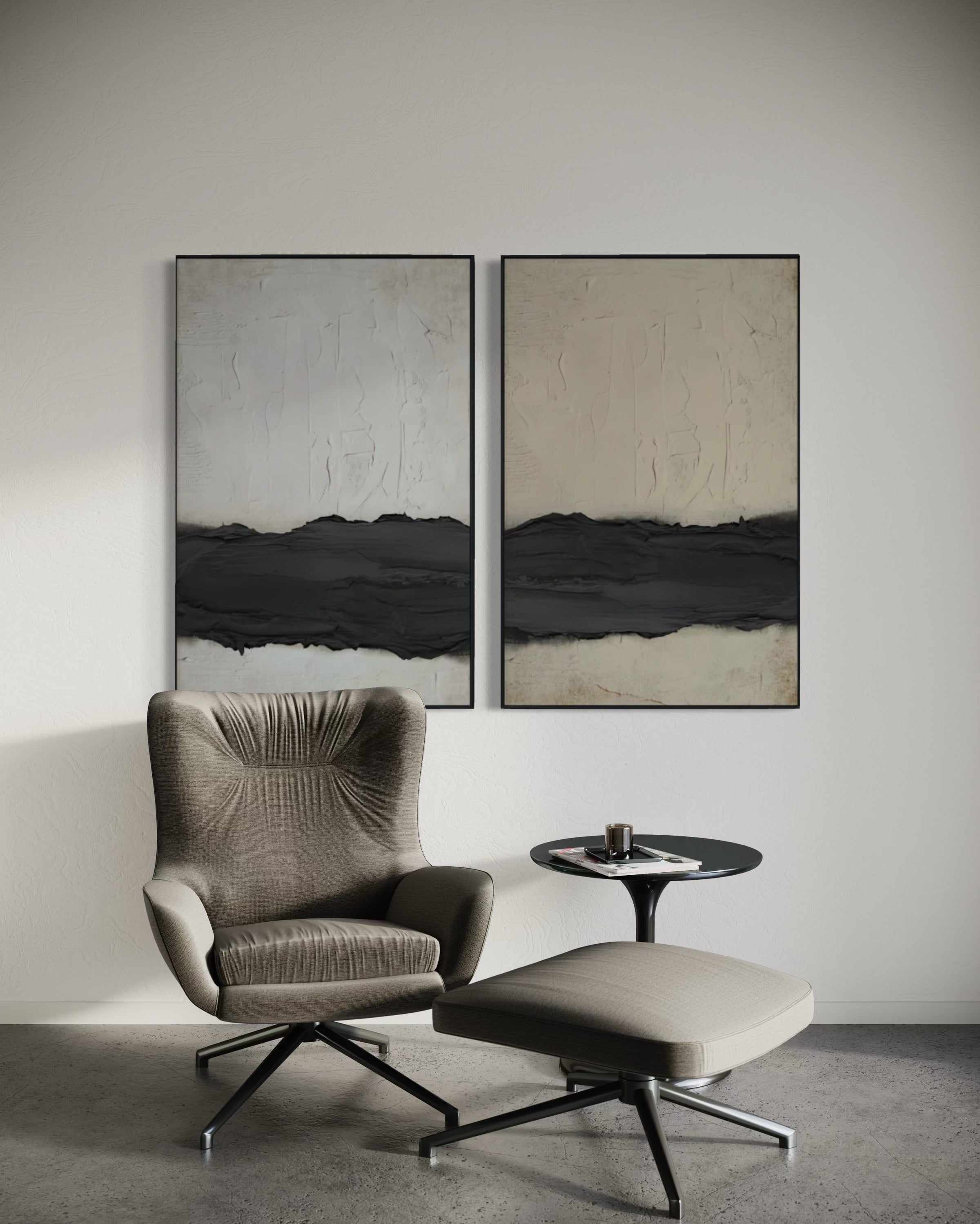 Set Cuadros Decorativos Abstracto Negro Arena 2-241 - Diptico Moderno y Minimalista Arte Estilo Nordico Tonos Neutros