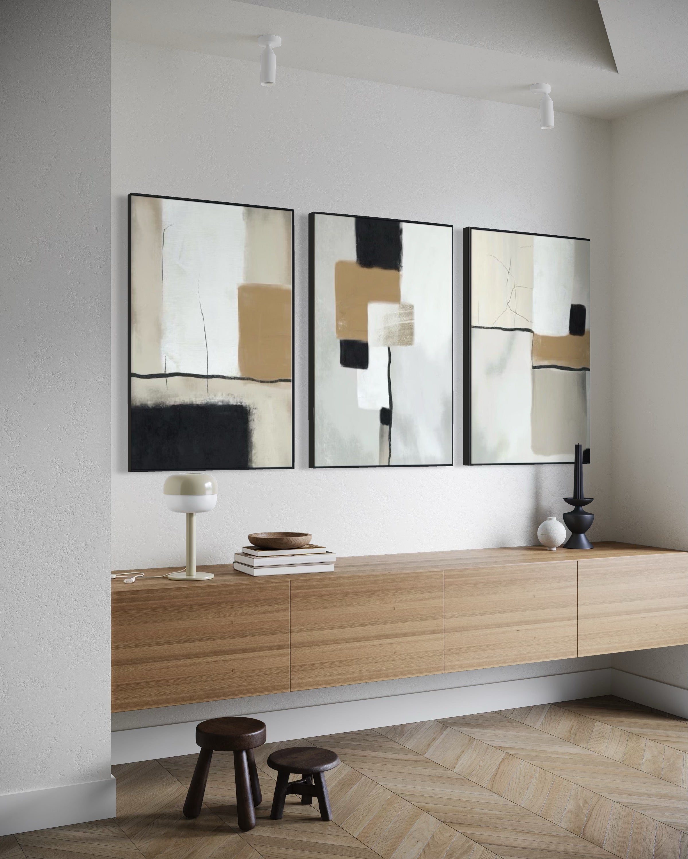 Set Cuadros Decorativos Abstracto Negro Arena 2 - 217 - Tríptico Minimalista y Moderno Arte Estilo Nordico Boho Tonos Neutros