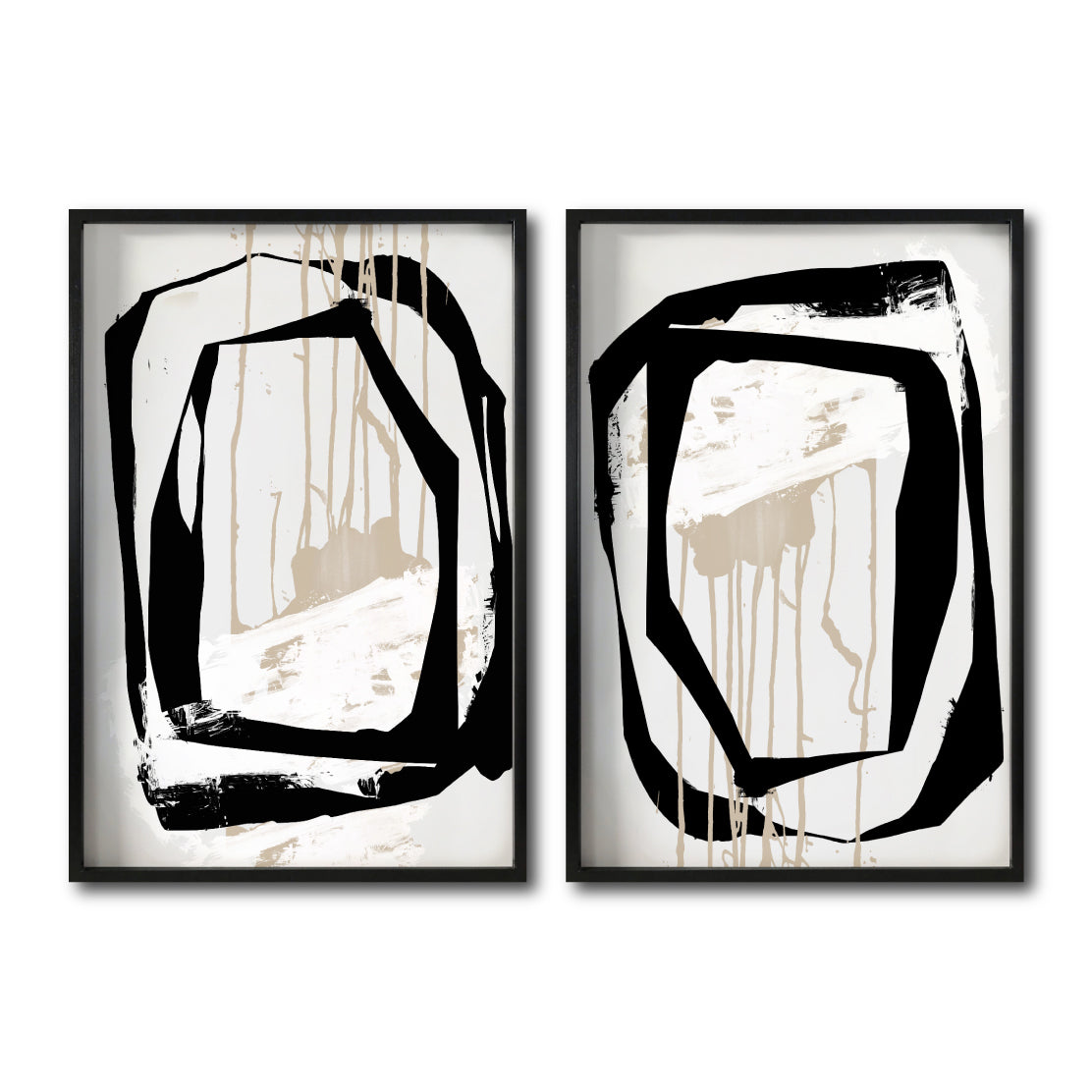 Set 2 Cuadros Decorativos Abstracto Negro Arena 028 - Estilo Boho Minimalista en Beige y Negro