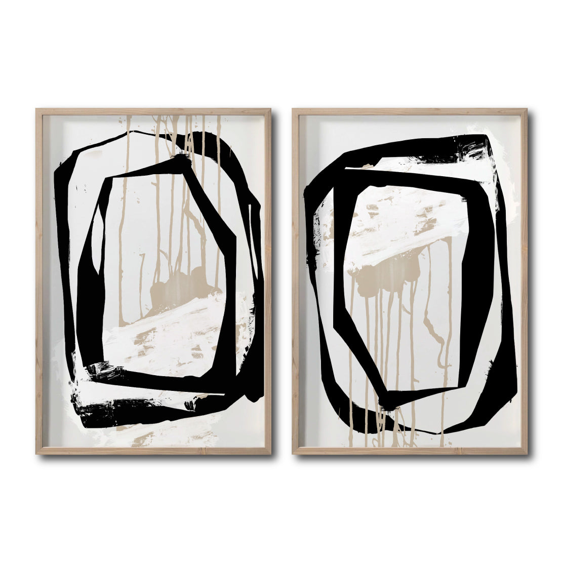 Set 2 Cuadros Decorativos Abstracto Negro Arena 028 - Estilo Boho Minimalista en Beige y Negro