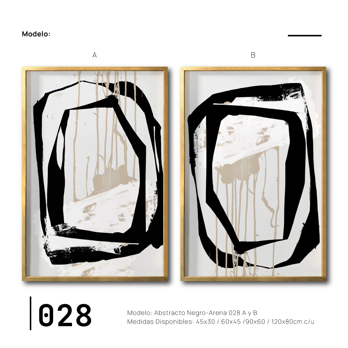 Set 2 Cuadros Decorativos Abstracto Negro Arena 028 - Para Credenza