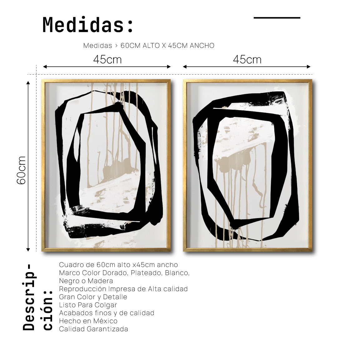 Set 2 Cuadros Decorativos Abstracto Negro Arena 028 - Estilo Boho Minimalista en Beige y Negro