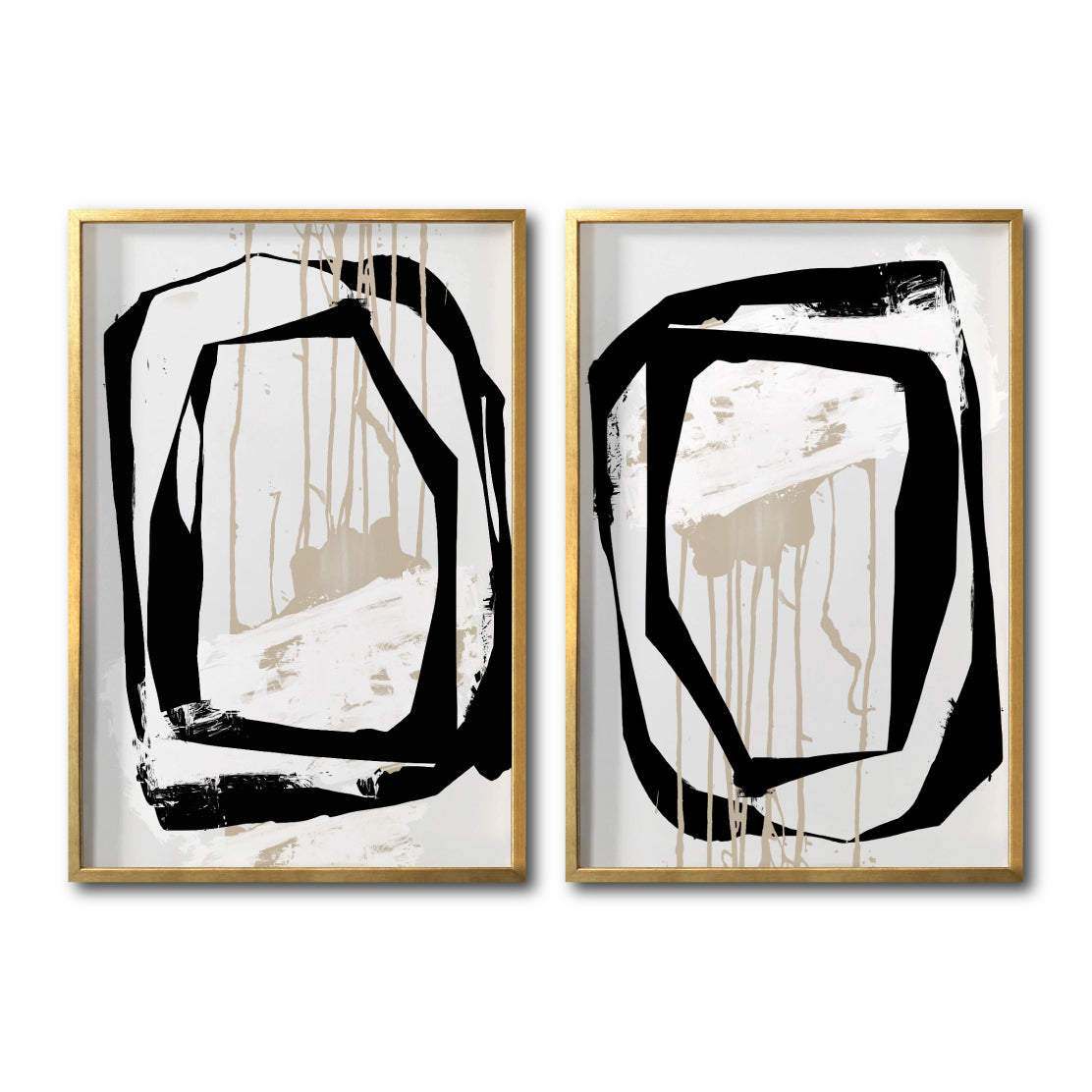 Set 2 Cuadros Decorativos Abstracto Negro Arena 028 - Estilo Boho Minimalista en Beige y Negro