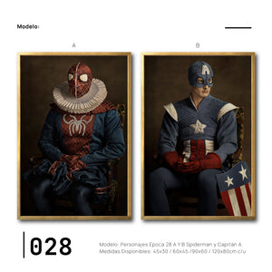 Set Cuadros Decorativos Personajes Época 028 Superhéroes Avengers Spiderman Capitán America- Díptico