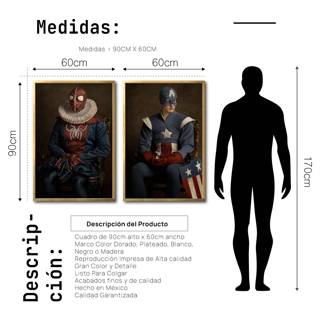 Set Cuadros Decorativos Personajes Época 028 Superhéroes Avengers Spiderman Capitán America- Díptico