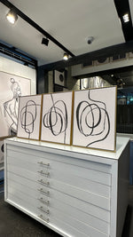 Cargar imagen en el visor de la galería, Set 3 Cuadros Decorativos Abstracto Negro Arena 050 - Estilo Boho Minimalista Trazo Línea Continua-Triptico
