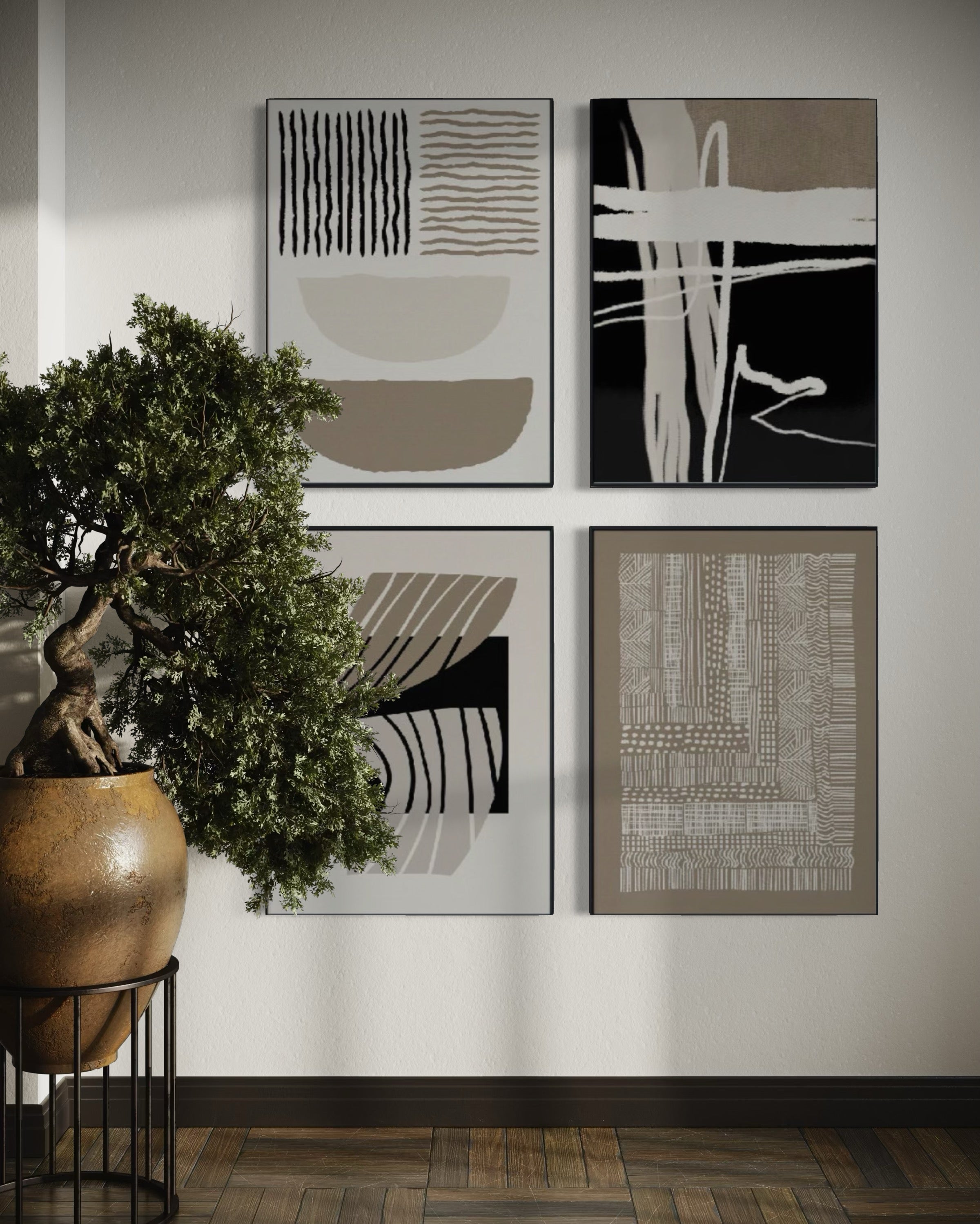 Set Cuadros Decorativos Abstracto Negro Arena 2 - 218 C - 4piezas Arte Moderno y Minimalista Estilo Boho Nordico Tonos Neutros