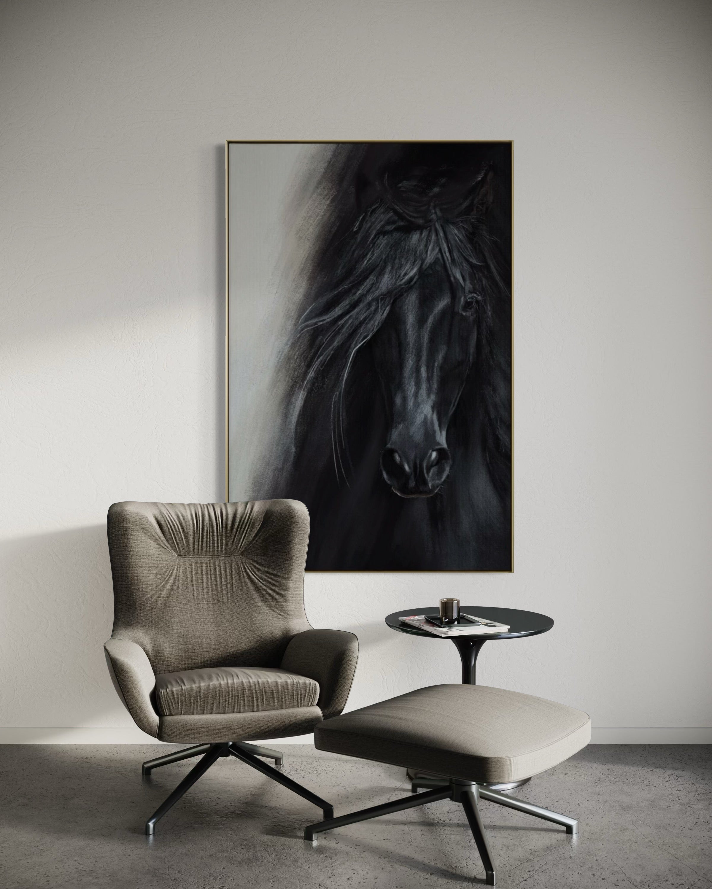 Cuadro Decorativo Abstracto Negro Arena 2-262 - Caballo Negro Arte Moderno Estilo Boho en tonos Neutros