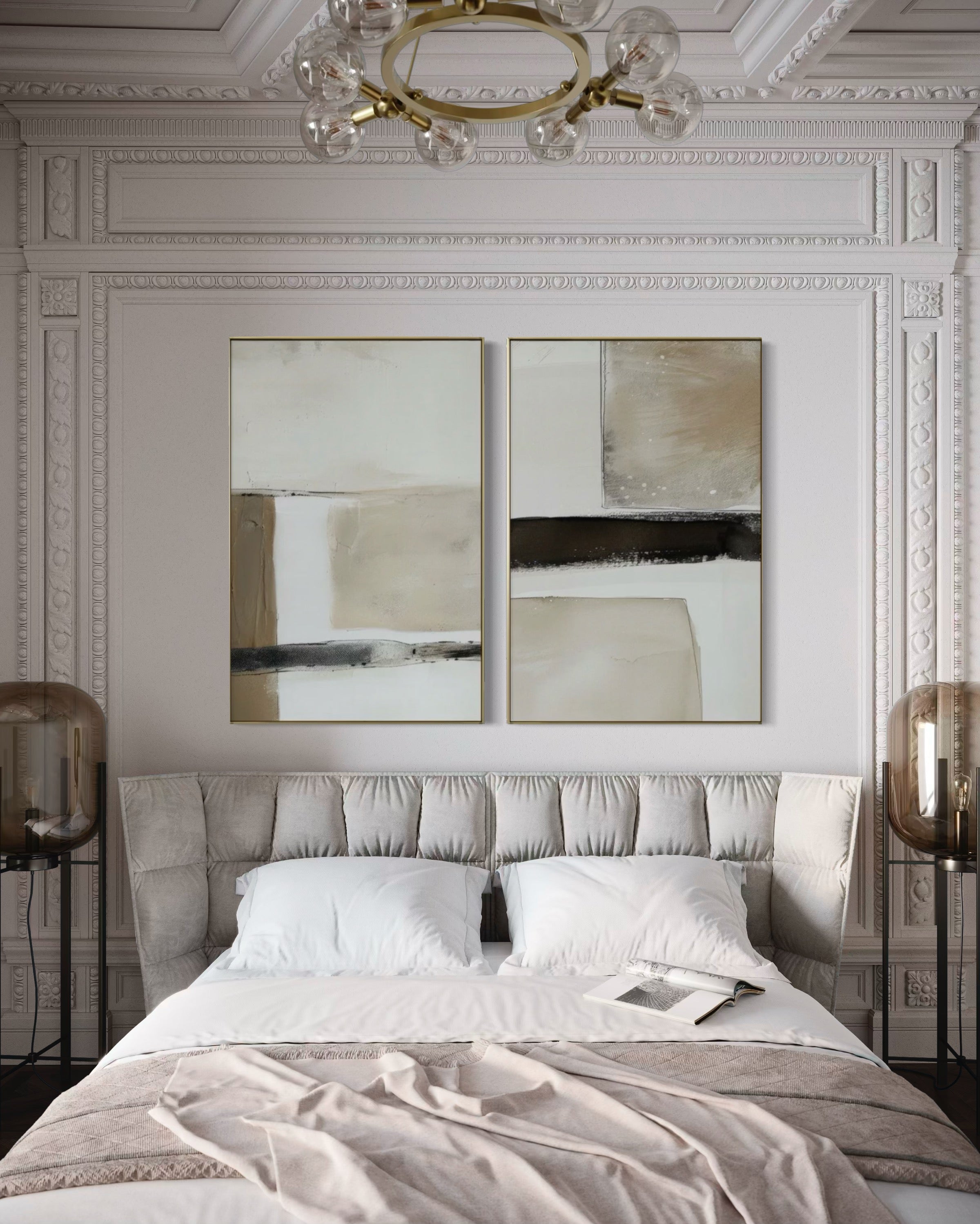 Set Cuadros Decorativos Abstracto Negro Arena 2 - 239 - Diptico Moderno y Minimalista en Negro, Beige y Cafe Tonos Neutros