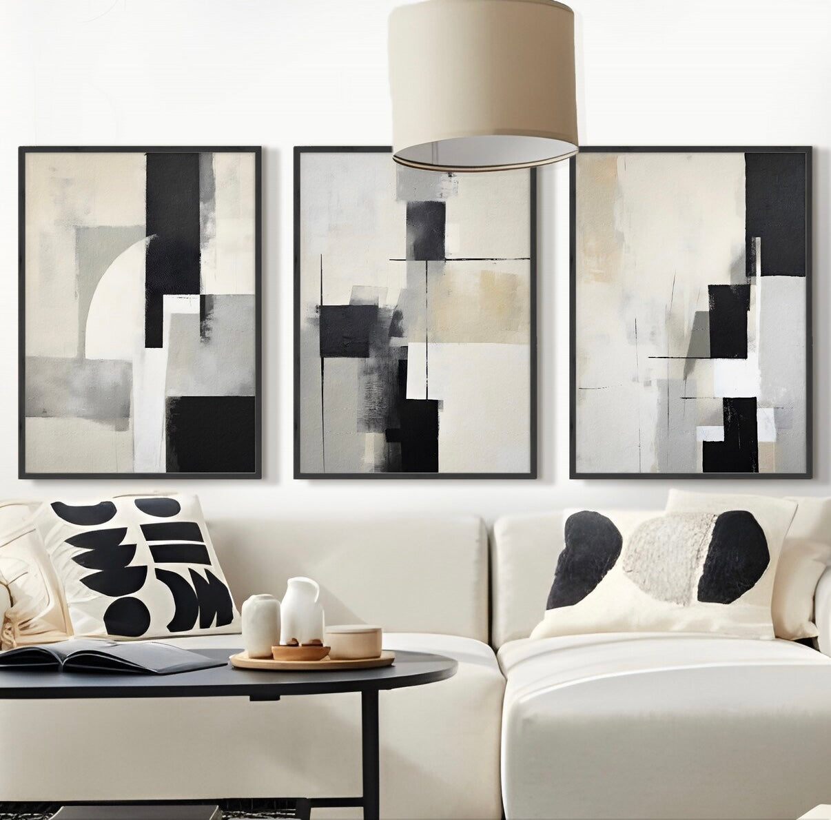 Set Cuadros Decorativos Abstracto Negro Arena 2-227 - Triptico Moderno y Elegante Arte Minimalista Estilo Nordico en Tonos Neutros