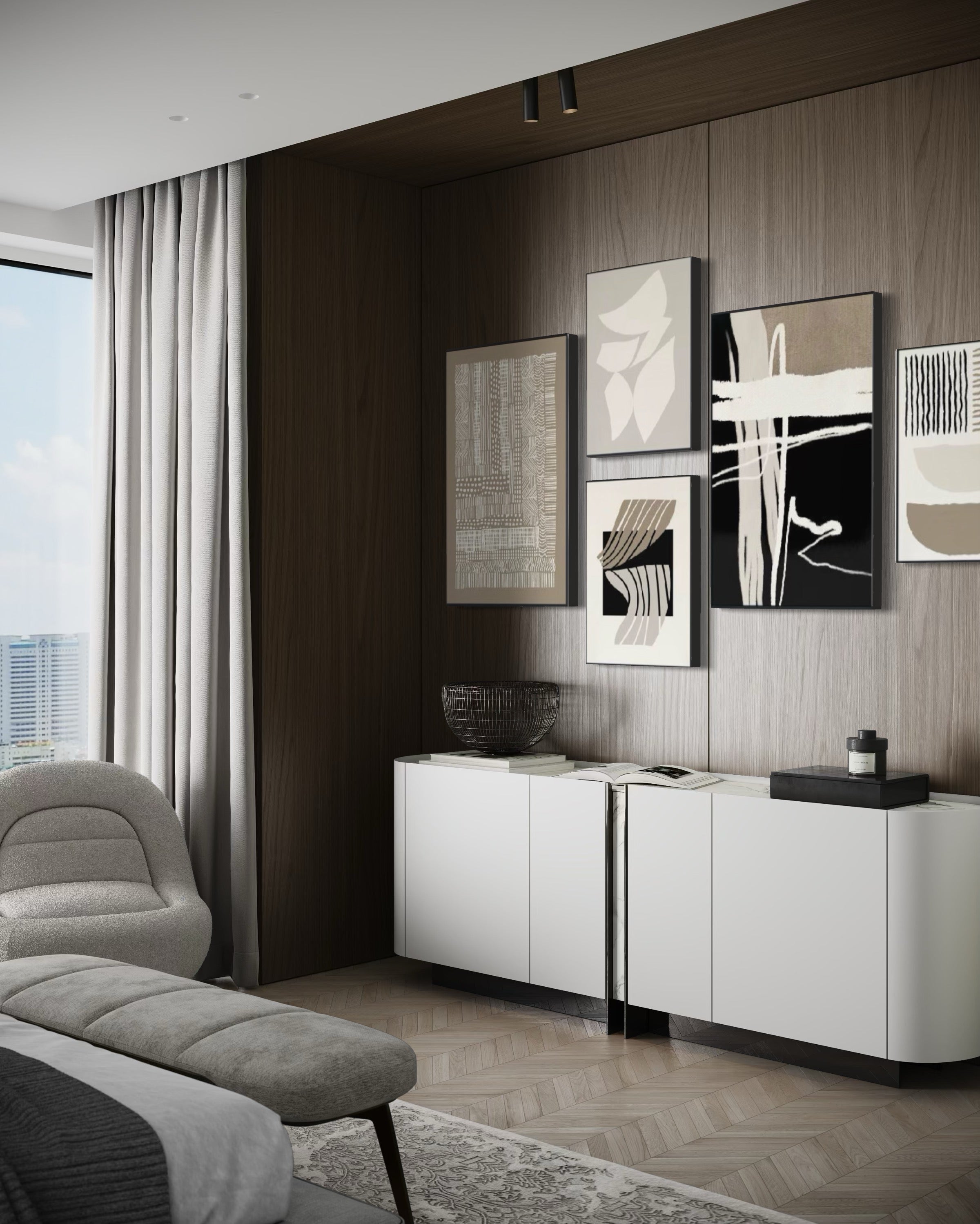 Set Cuadros Decorativos Abstracto Negro Arena 2 - 218A - 5piezas Minimalistas Arte Moderno Estilo Nordico en Tonos Neutros