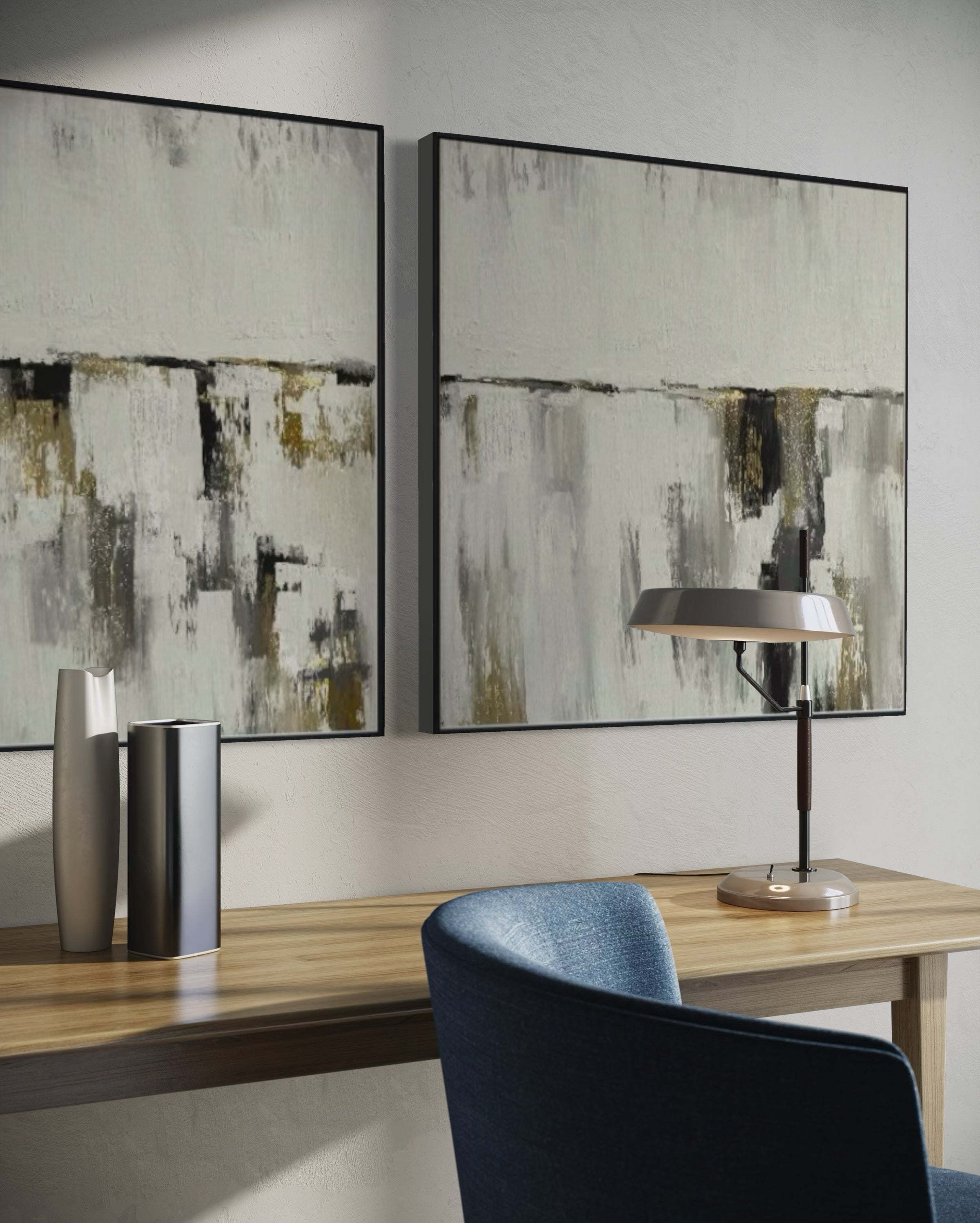 Set Cuadros Decorativos Abstracto Negro Arena 2 - 203 - Diptico Moderno y Minimalista Estilo Nordico en Tonos Neutros y un toque de Dorado Oro