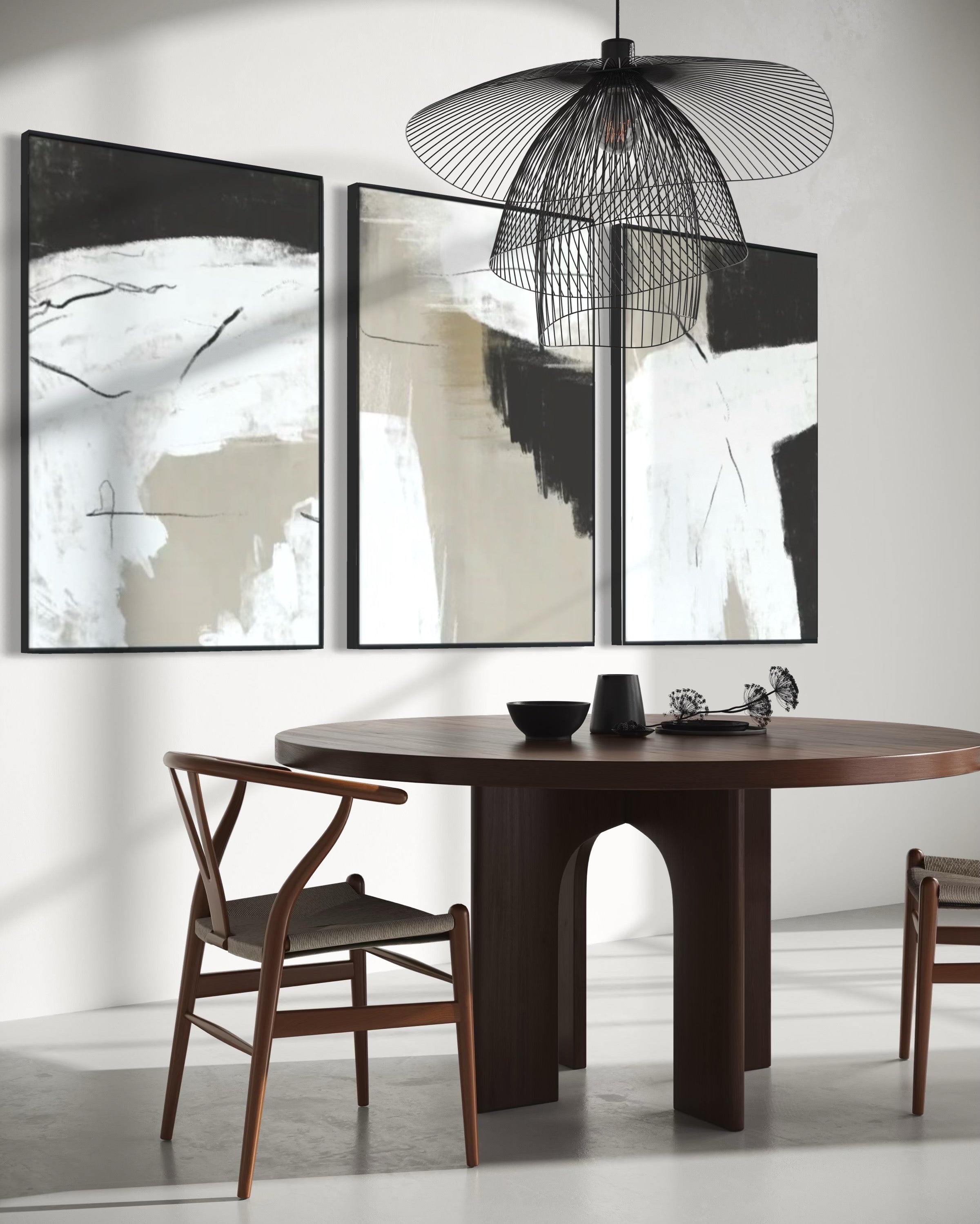 Set Cuadros Decorativos Abstracto Negro Arena 2 - 243 - Triptico Moderno y Elegante Estilo Nordico Boho Tonos Neutros