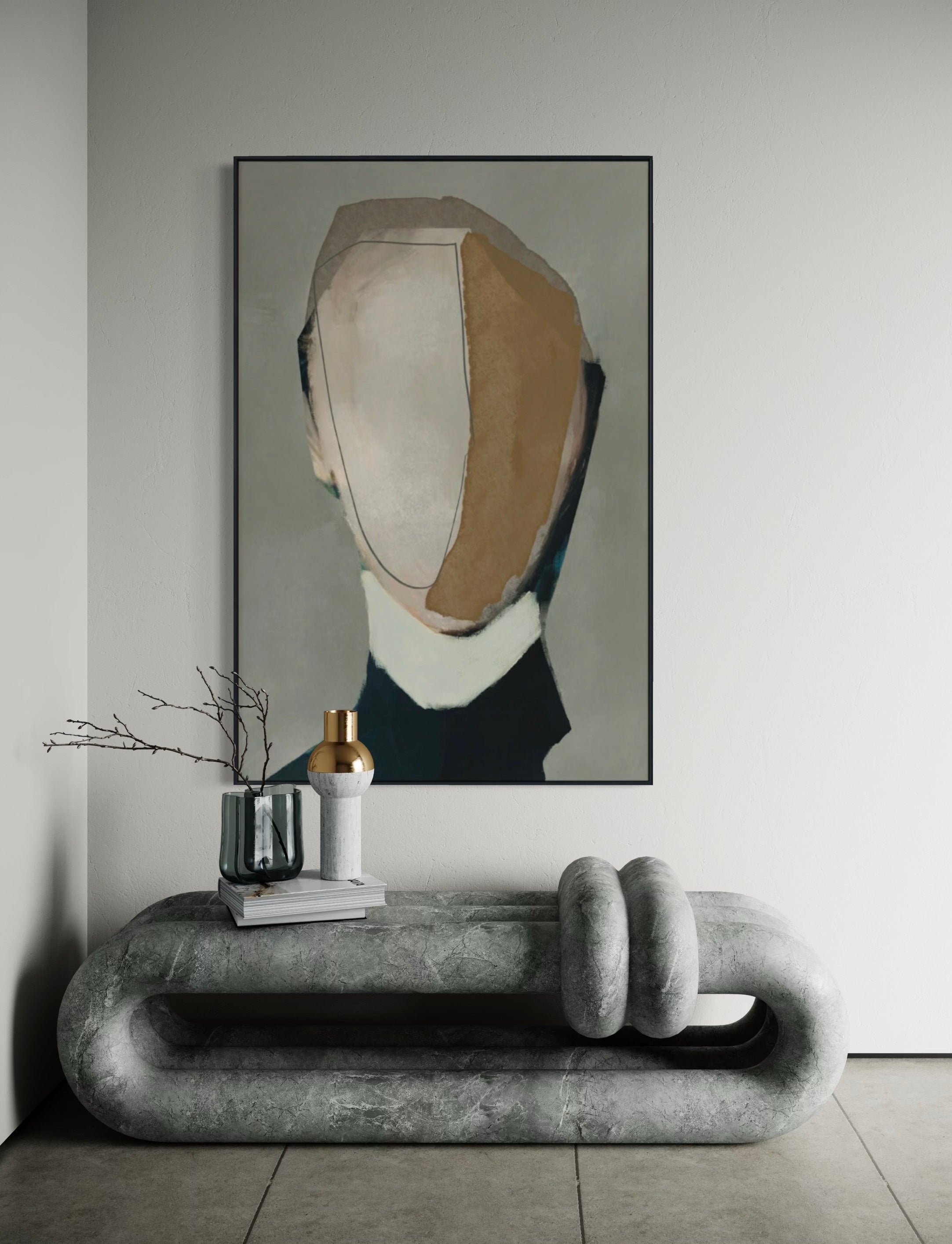 Cuadro Decorativo Abstracto Negro Arena 2-233 Rostro Modernos Cara Minimalista en Tonos Neutros