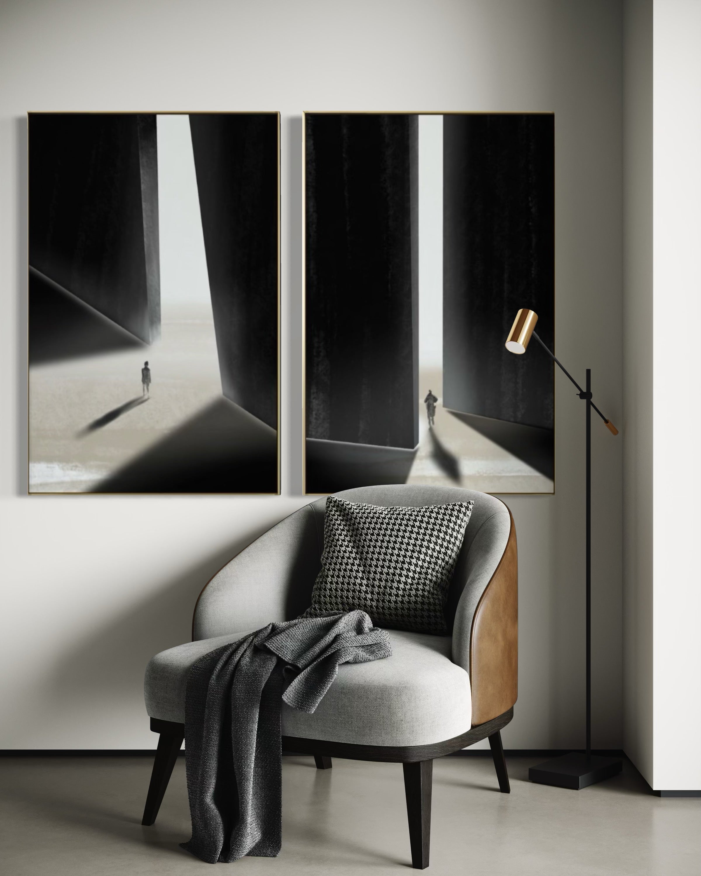 Set Cuadros Decorativos Abstracto Negro Arena 2 - 237 - Diptico Siluetas Humanas Arte Moderno Minimalista Puertas Estilo Nordico Tonos Neutros