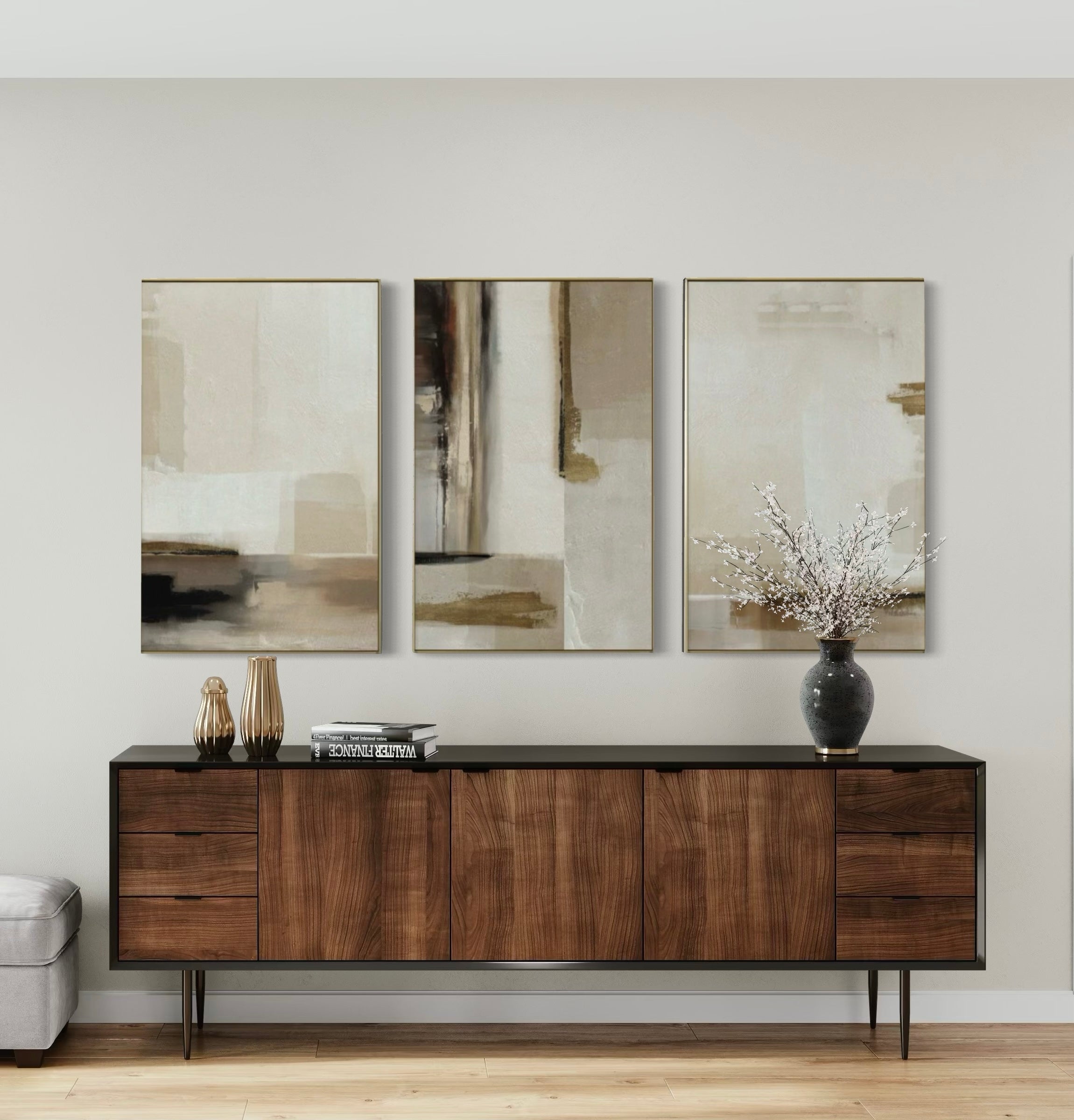 Set Cuadros Decorativos Abstracto Negro Arena 2 - 209 - Triptico Moderno y Elegante Arte Minimalista en Tonos Neutros