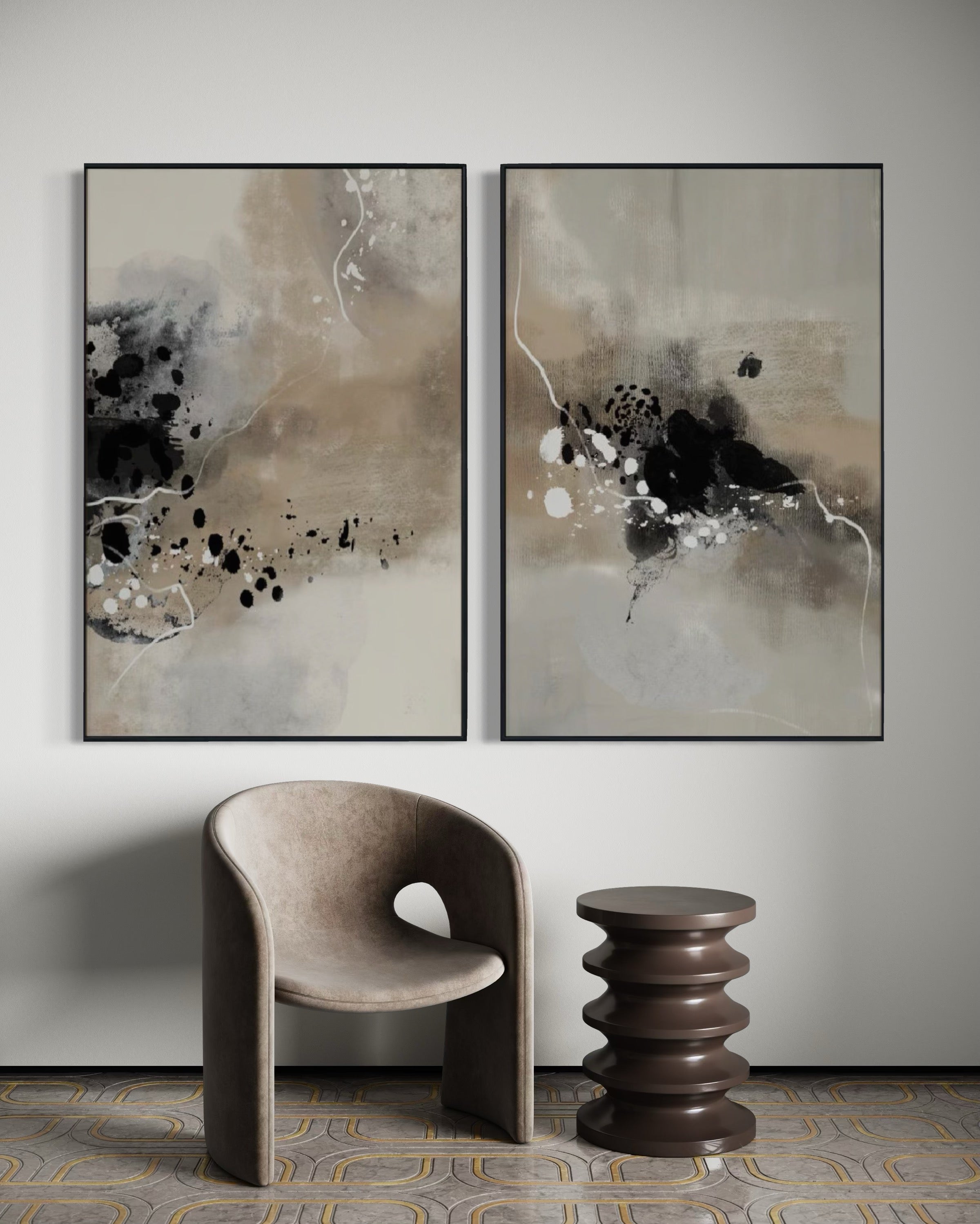 Set Cuadros Decorativos Abstracto Negro Arena 2-236 - Diptico Moderno Estilo Nordico en Tonos Nutros