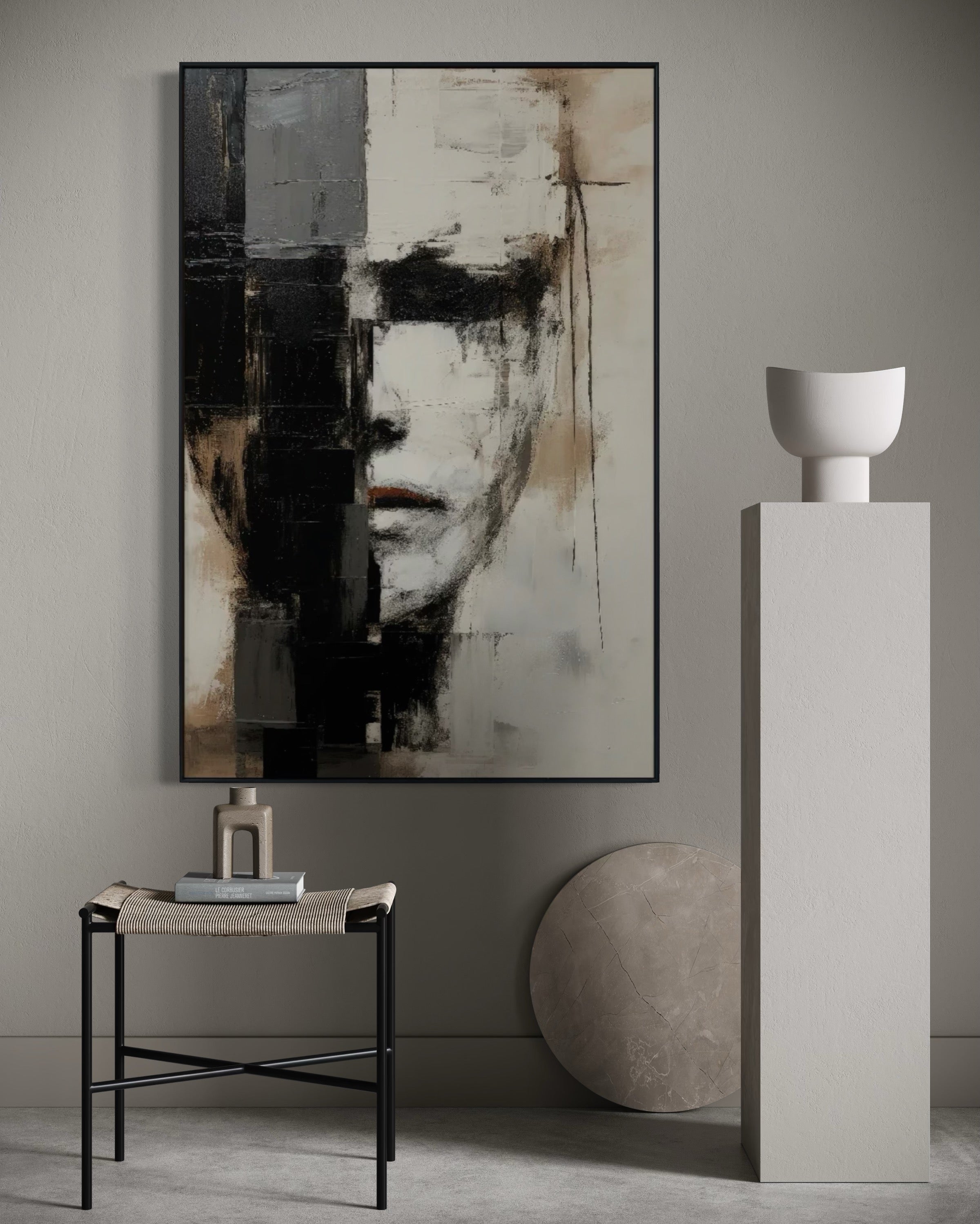 Cuadro Decorativo Abstracto Negro Arena 2-205 Rostro Estilo Nordico Cara Moderna en Tonos Neutros