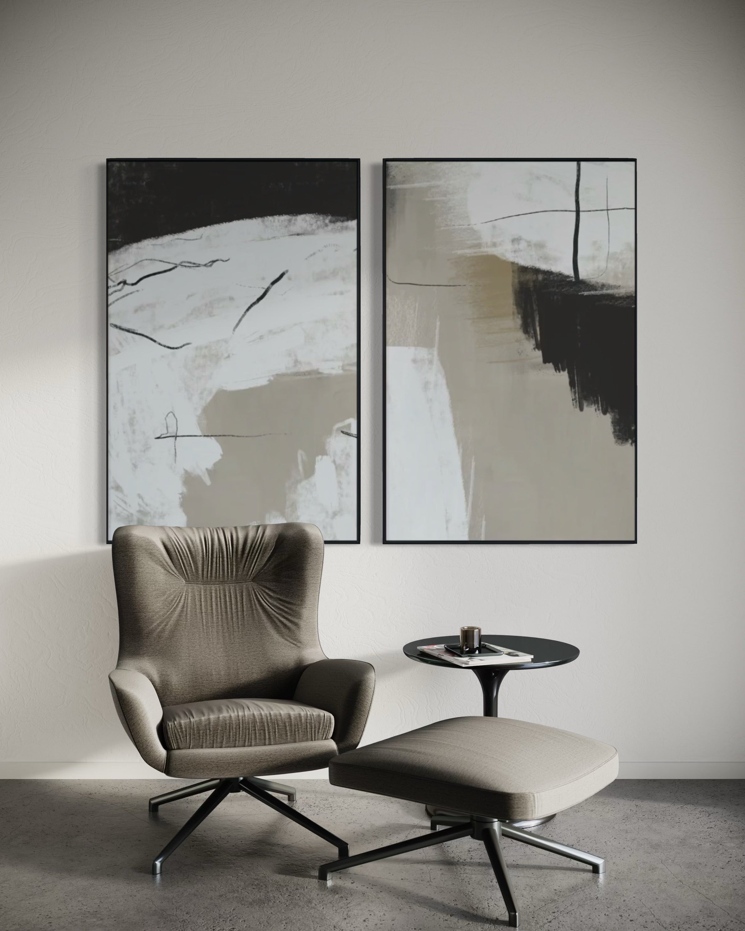 Set Cuadros Decorativos Abstracto Negro Arena  2 - 243 - Diptico Moderno Estilo Nordico Tonos Neutros