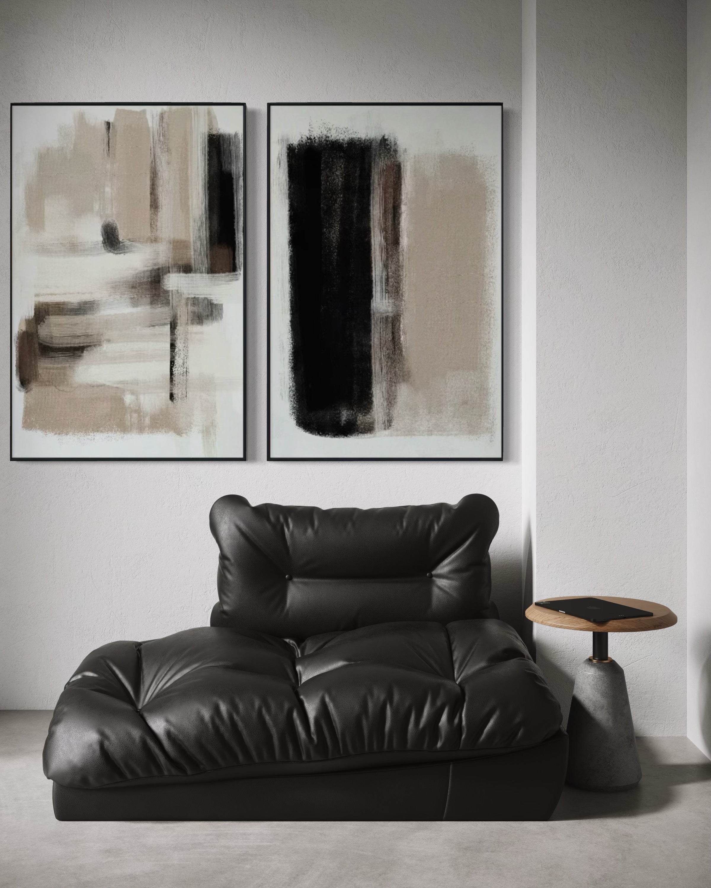 Set Cuadros Decorativos Abstracto Negro Arena 2 - 204 - Díptico Moderno y Minimalista estilo Nordico En Tonos Neutros Beige, Negro y Blanco