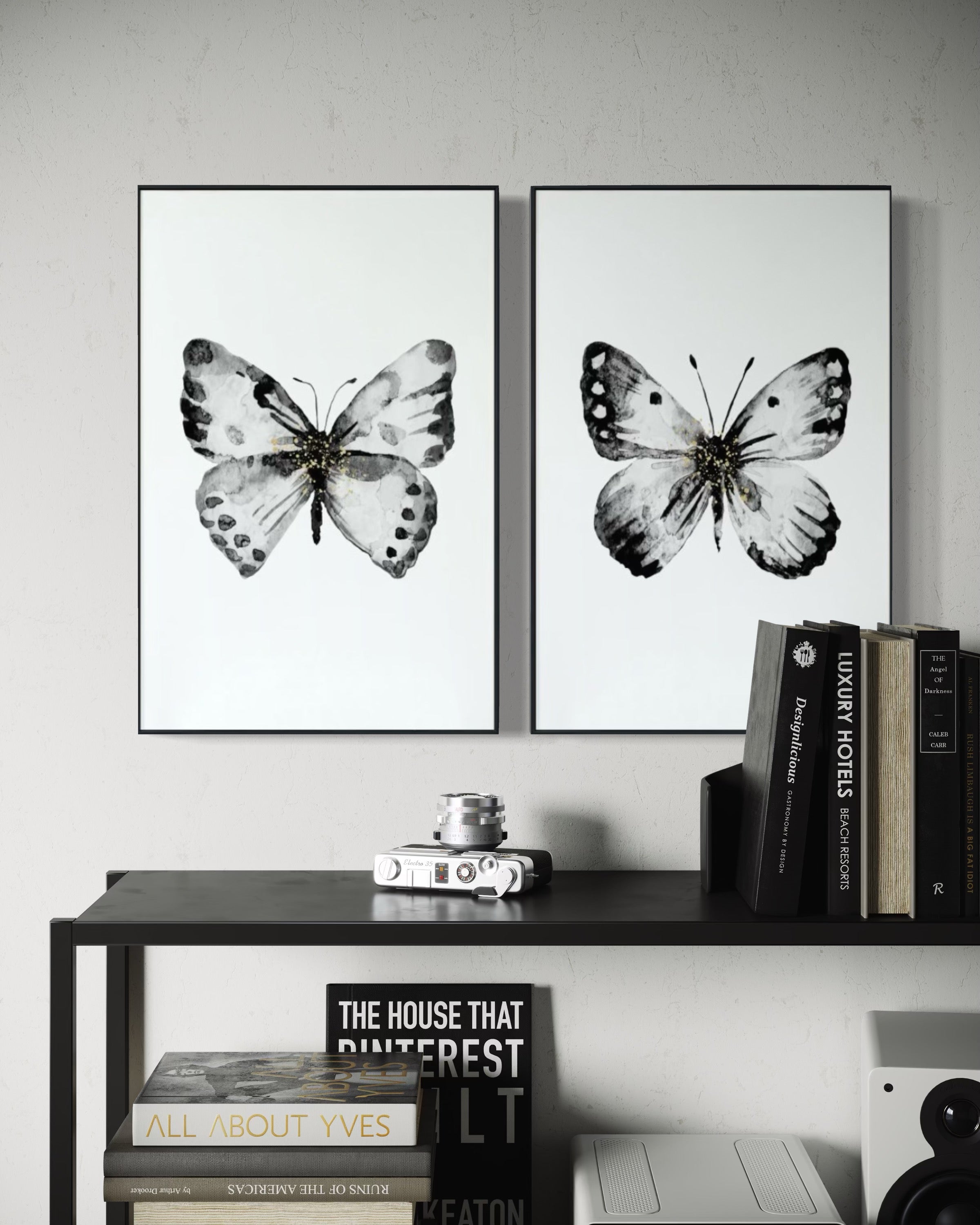 Cuadro Decorativo Abstracto Negro Arena 2-270 - Boceto Mariposas En Blanco, Negro y Dorado Arte Moderno Estilo Nordico